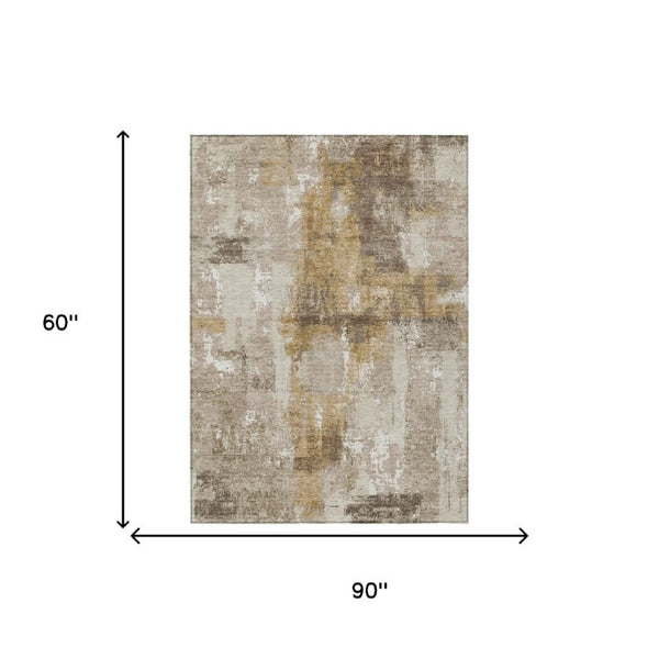 5 X 8 Abstract Beige Brown Polyester Indoor Outdoor Rug Washable and Stain Resistant