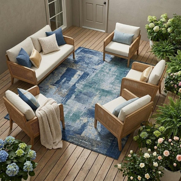 8 Ft X 10 Ft Abstract Polyester Indoor Outdoor Rug Navy Ivory Washable