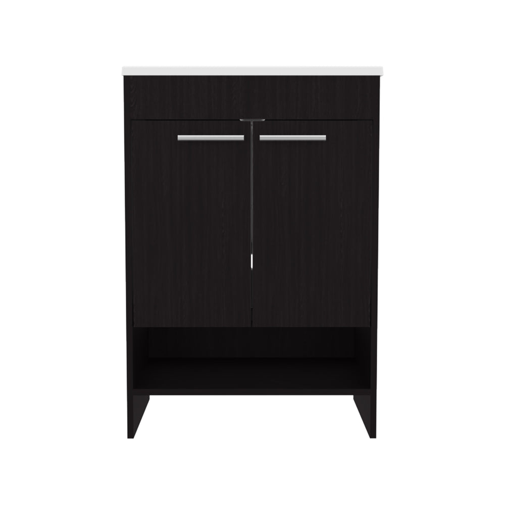 English Elm Lorenzo Compact 60cm Floor Vanity in Black Wengue with 4 Drawers, 2 Open Shelves for Stylish Storage B200P362051