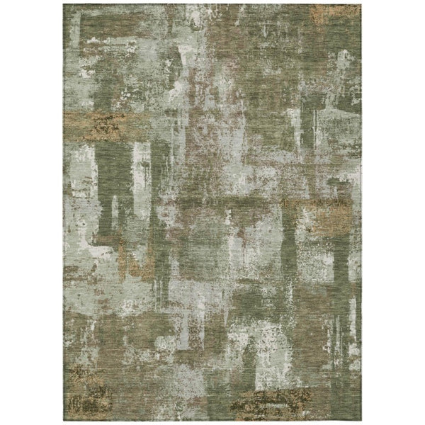 HomeRoots 8x10 Abstract Olive Beige Polyester Area Rug Washable Stain Resistant Indoor Outdoor 735300