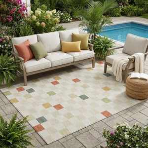 5 X 8 Ivory Beige Geometric Polyester Area Rug Washable Stain Resistant Indoor Outdoor