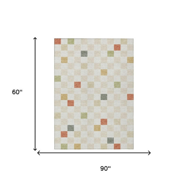5 X 8 Ivory Beige Geometric Polyester Area Rug Washable Stain Resistant Indoor Outdoor