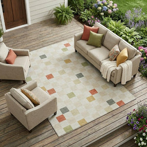 8 X 10 Ivory Beige Geometric Polyester Area Rug Stain Resistant Indoor Outdoor