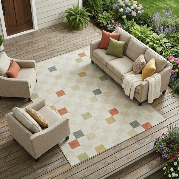 8 X 10 Ivory Beige Geometric Polyester Area Rug Stain Resistant Indoor Outdoor