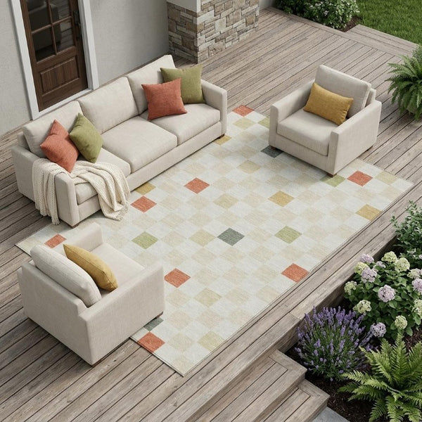 10 X 14 Ivory Beige Geometric Polyester Area Rug Washable Stain Resistant Patio