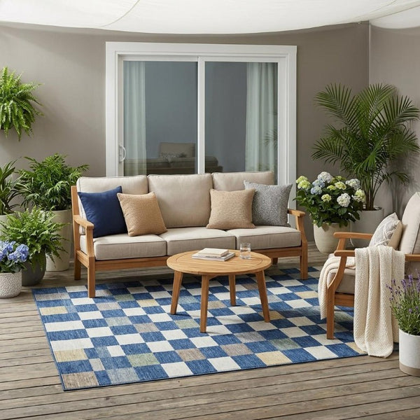 5 X 8 Geometric Polyester Area Rug Washable Stain Resistant Indoor Outdoor Navy Gray