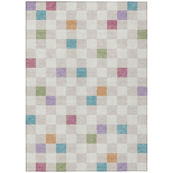 HomeRoots 5x8 Pearl Ivory Geometric Polyester Area Rug Washable Stain Resistant Indoor Outdoor 735348