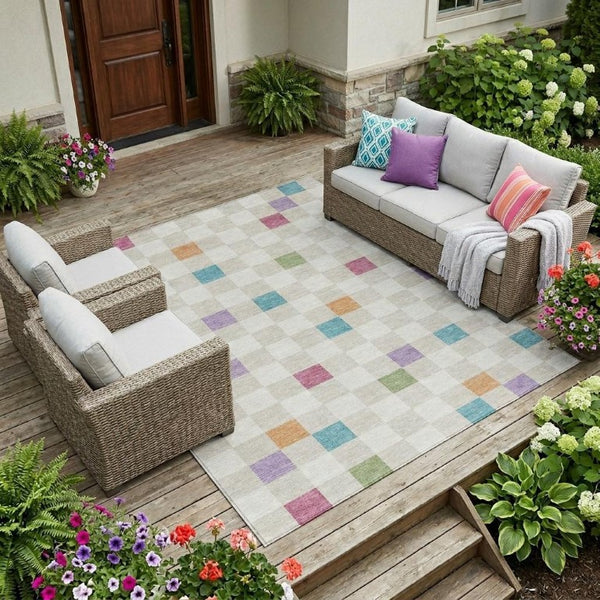 9 X 12 Pearl Ivory Geometric Polyester Area Rug Washable Stain Resistant Indoor Outdoor