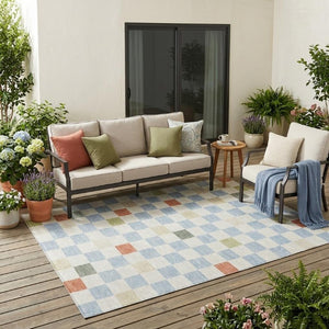 5 X 8 Sky Blue Gray Geometric Polyester Washable Rug for Patio or Living Room