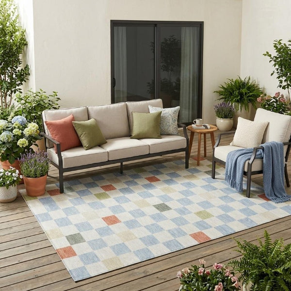 5 X 8 Sky Blue Gray Geometric Polyester Washable Rug for Patio or Living Room