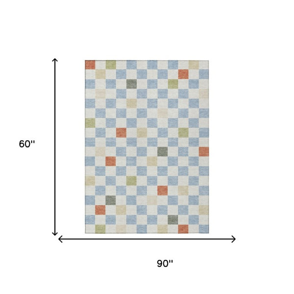 5 X 8 Sky Blue Gray Geometric Polyester Washable Rug for Patio or Living Room