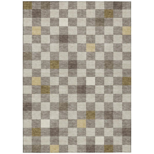 HomeRoots 5x8 Taupe Teal Geometric Polyester Area Rug Washable for Patio Porch or Living Room 735360
