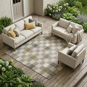 8 Ft X 10 Ft Taupe Teal Geometric Polyester Indoor Outdoor Washable Area Rug