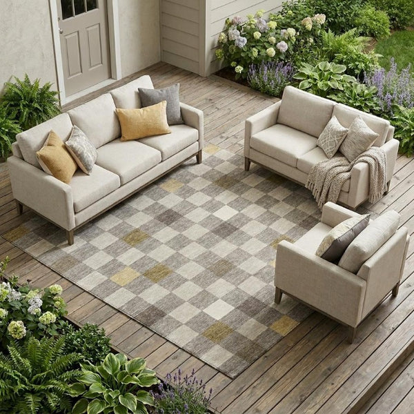 8 Ft X 10 Ft Taupe Teal Geometric Polyester Indoor Outdoor Washable Area Rug