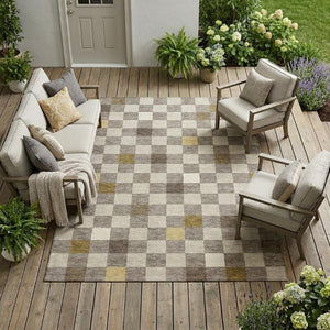 9 Ft Taupe Teal Geometric Polyester Area Rug Stain Resistant for Patio or Living Room