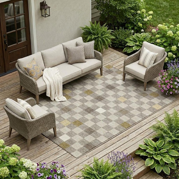 10 X 14 Taupe Teal Geometric Polyester Area Rug Washable for Patio or Living Room