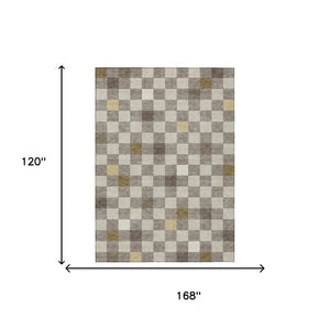 10 X 14 Taupe Teal Geometric Polyester Area Rug Washable for Patio or Living Room