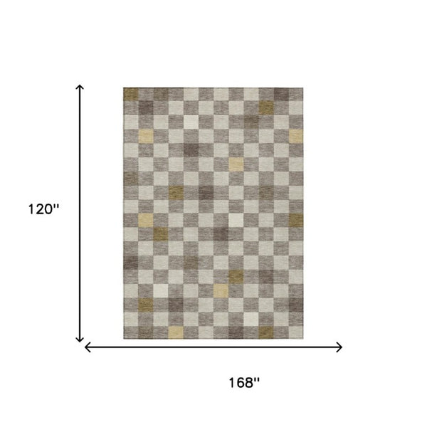 10 X 14 Taupe Teal Geometric Polyester Area Rug Washable for Patio or Living Room