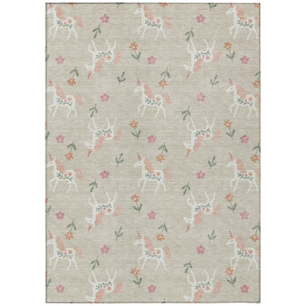 HomeRoots 5x8 Beige Gray Floral Polyester Area Rug Washable for Indoor Outdoor Spaces 735366