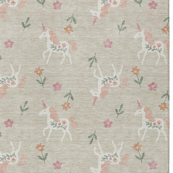 5x8 Beige Gray Floral Polyester Area Rug Washable for Indoor Outdoor Spaces
