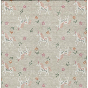 5x8 Beige Gray Floral Polyester Area Rug Washable for Indoor Outdoor Spaces