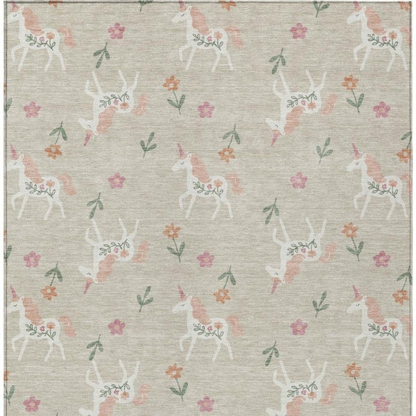 5x8 Beige Gray Floral Polyester Area Rug Washable for Indoor Outdoor Spaces