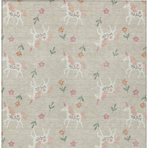 5x8 Beige Gray Floral Polyester Area Rug Washable for Indoor Outdoor Spaces