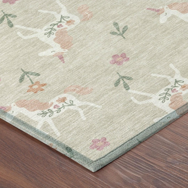 5x8 Beige Gray Floral Polyester Area Rug Washable for Indoor Outdoor Spaces