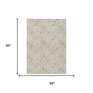 5x8 Beige Gray Floral Polyester Area Rug Washable for Indoor Outdoor Spaces