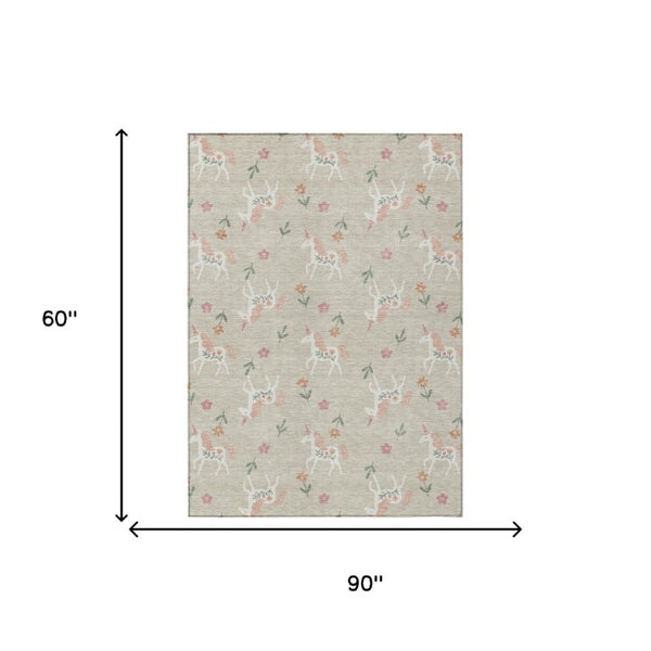 5x8 Beige Gray Floral Polyester Area Rug Washable for Indoor Outdoor Spaces
