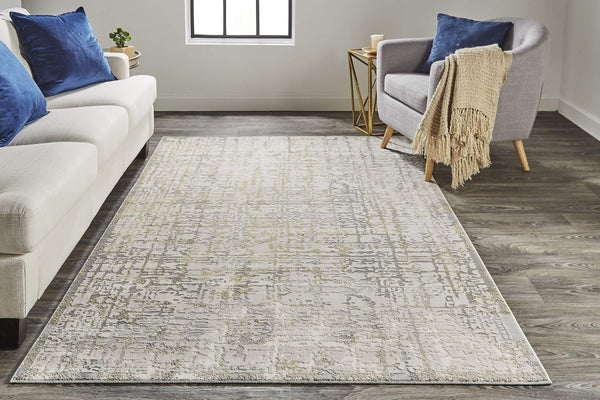 Feizy Rugs Waldor Abstract Area Rug Turkish High-Low Pile Ivory Gold Gray Living Room 7353683FBGE000F00