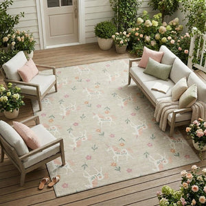 9 X 12 Floral Beige Gray Polyester Area Rug Washable for Indoor Outdoor Spaces
