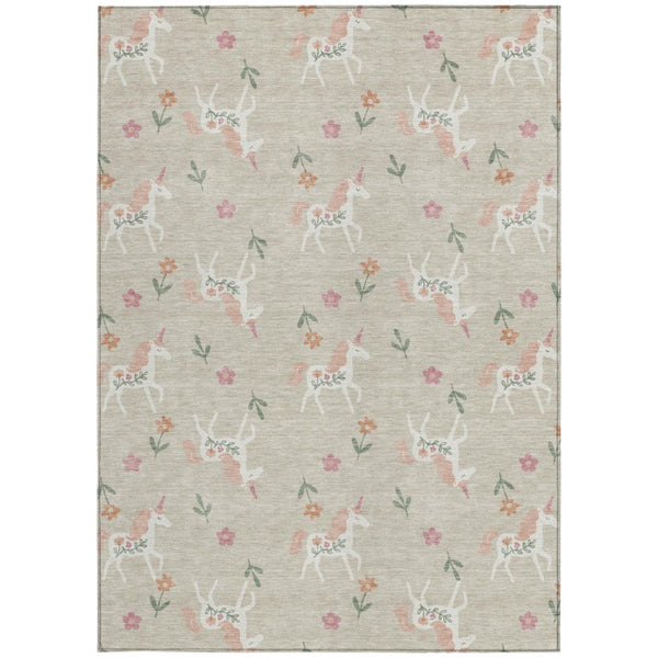 9 X 12 Floral Beige Gray Polyester Area Rug Washable for Indoor Outdoor Spaces