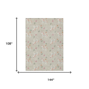 9 X 12 Floral Beige Gray Polyester Area Rug Washable for Indoor Outdoor Spaces