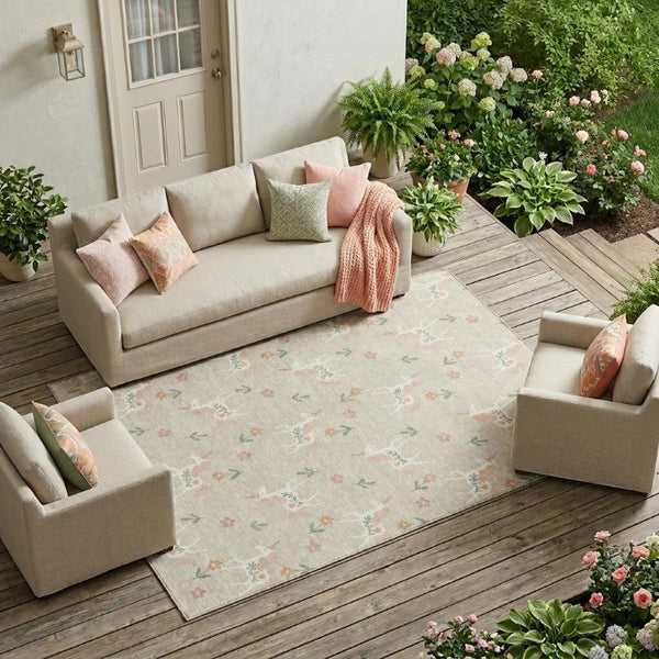 10 X 14 Floral Beige Gray Polyester Area Rug Washable for Patio Porch or Living Room