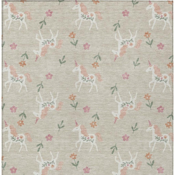 10 X 14 Floral Beige Gray Polyester Area Rug Washable for Patio Porch or Living Room