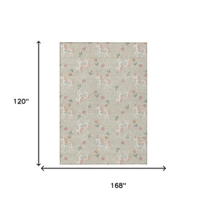10 X 14 Floral Beige Gray Polyester Area Rug Washable for Patio Porch or Living Room