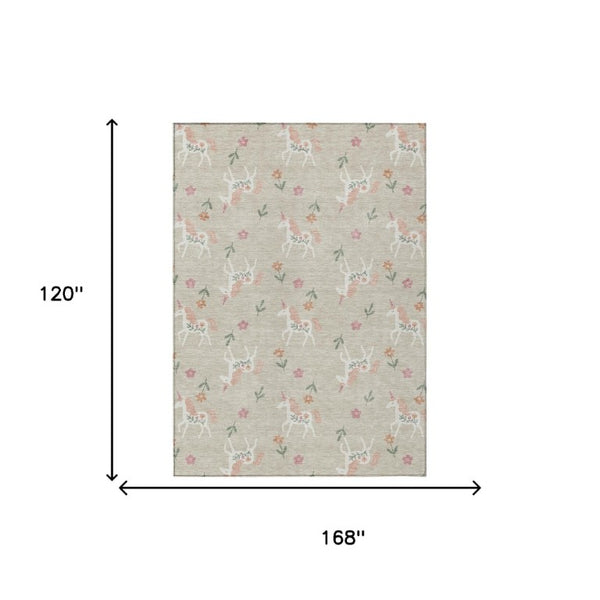 10 X 14 Floral Beige Gray Polyester Area Rug Washable for Patio Porch or Living Room