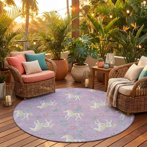 8 Ft Round Floral Polyester Area Rug in Lavender Ivory for Indoor Outdoor Use