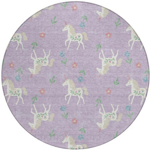 HomeRoots 8 Ft Round Floral Polyester Area Rug in Lavender Ivory for Indoor Outdoor Use 735373