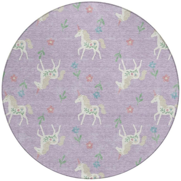 HomeRoots 8 Ft Round Floral Polyester Area Rug in Lavender Ivory for Indoor Outdoor Use 735373