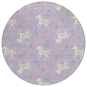 8 Ft Round Floral Polyester Area Rug in Lavender Ivory for Indoor Outdoor Use