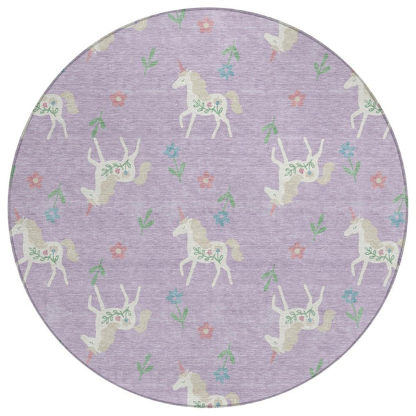 8 Ft Round Floral Polyester Area Rug in Lavender Ivory for Indoor Outdoor Use