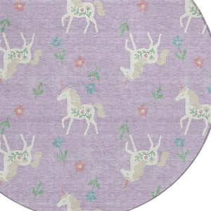8 Ft Round Floral Polyester Area Rug in Lavender Ivory for Indoor Outdoor Use