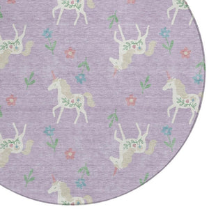 8 Ft Round Floral Polyester Area Rug in Lavender Ivory for Indoor Outdoor Use