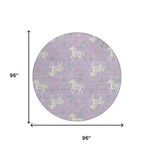 8 Ft Round Floral Polyester Area Rug in Lavender Ivory for Indoor Outdoor Use