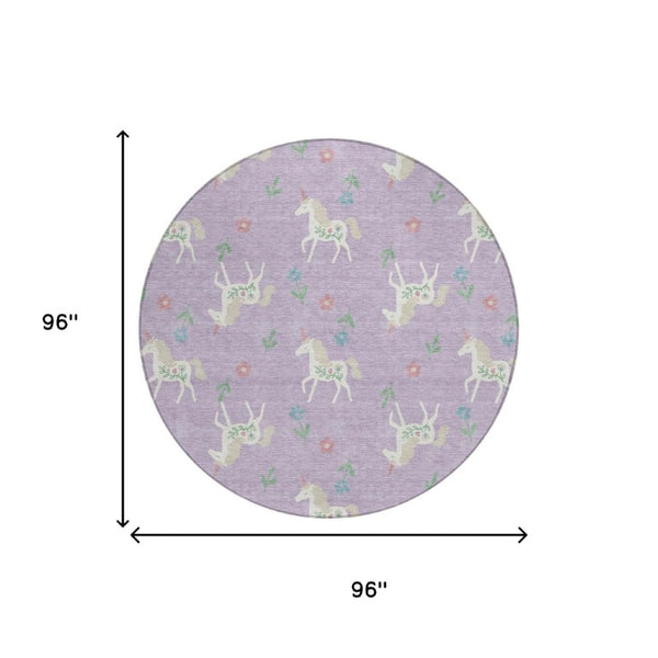 8 Ft Round Floral Polyester Area Rug in Lavender Ivory for Indoor Outdoor Use