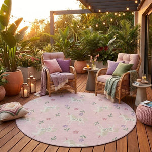 8 Foot Round Floral Polyester Area Rug for Patio Porch Family Room or Mudroom