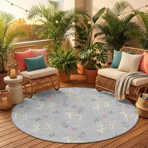 8 Foot Round Floral Polyester Area Rug Stain Resistant Indoor Outdoor Silver Ivory