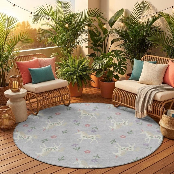 8 Foot Round Floral Polyester Area Rug Stain Resistant Indoor Outdoor Silver Ivory